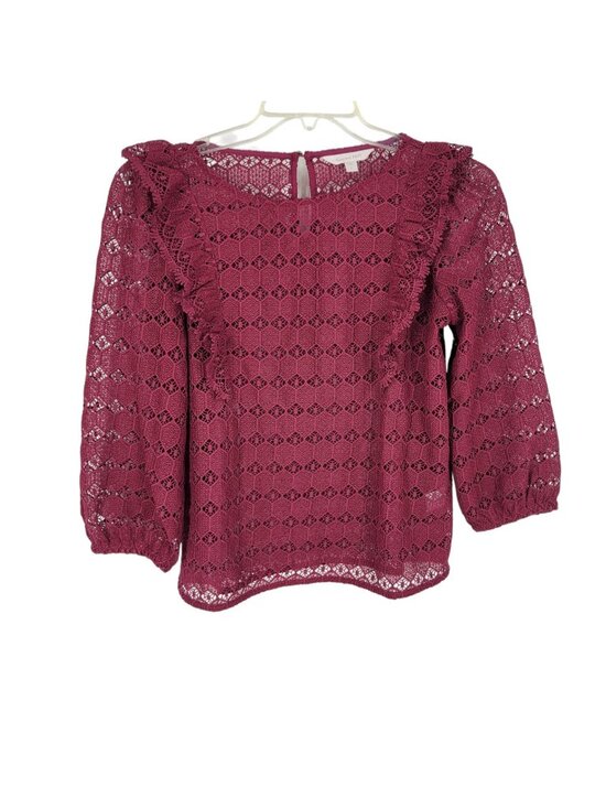 Garnet Hill Tops - Garnet Hill Size 2 Burgundy Lace Blouse Ruffle Romantic Boho sheer No lining